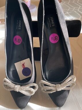 Jones New York Black Pointed-Toe Flats -Suede-with Crystal Bow Accent